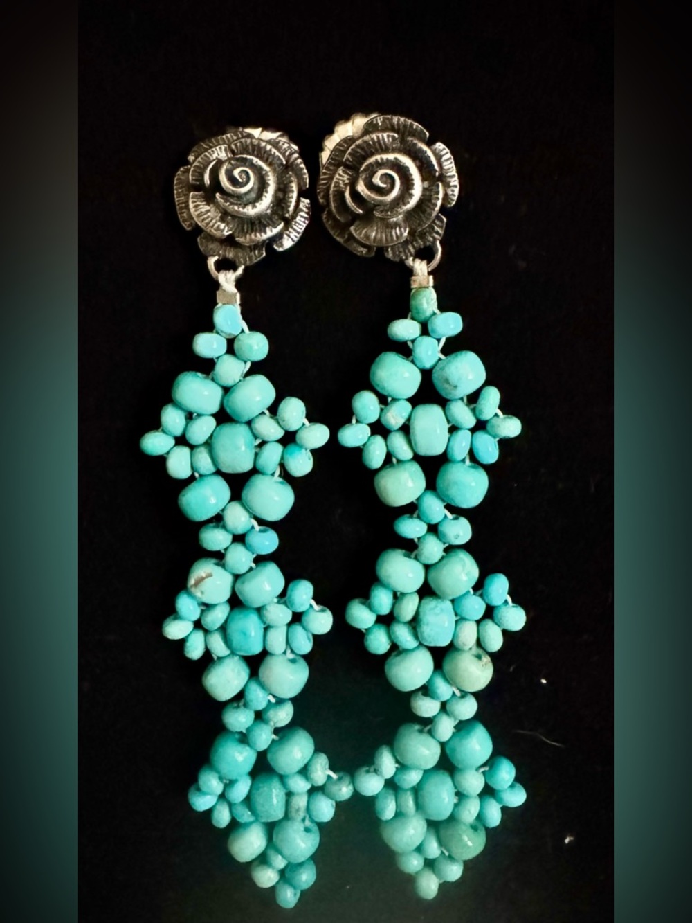 Real Turquoise Cluster Drop Earrings - appx 3 inches
